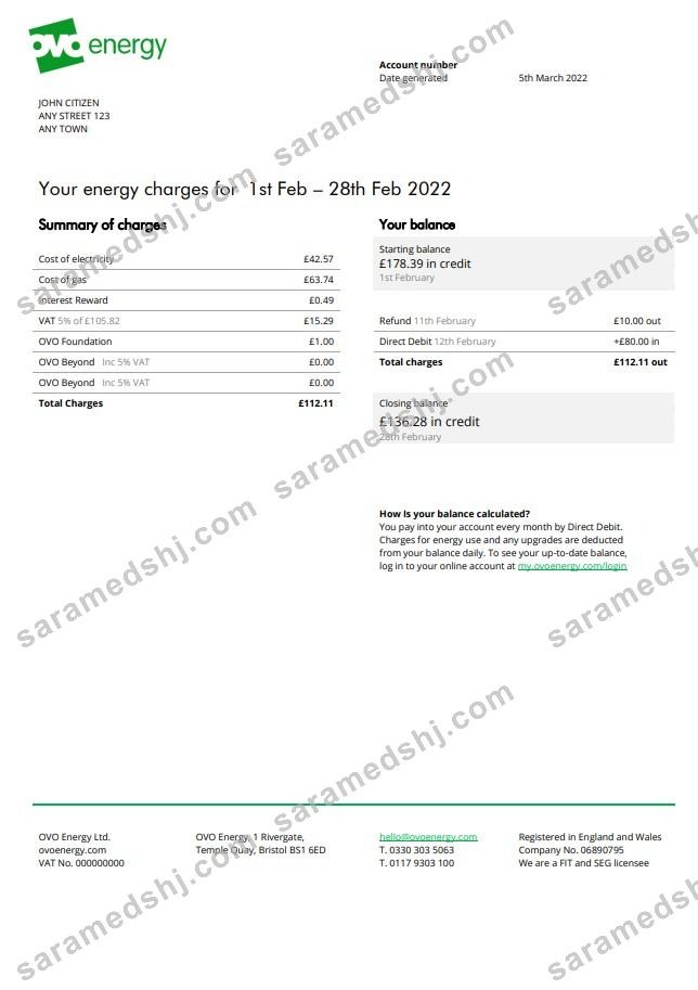 United Kingdom Ovo Energy electricity bill, Word and PDF template